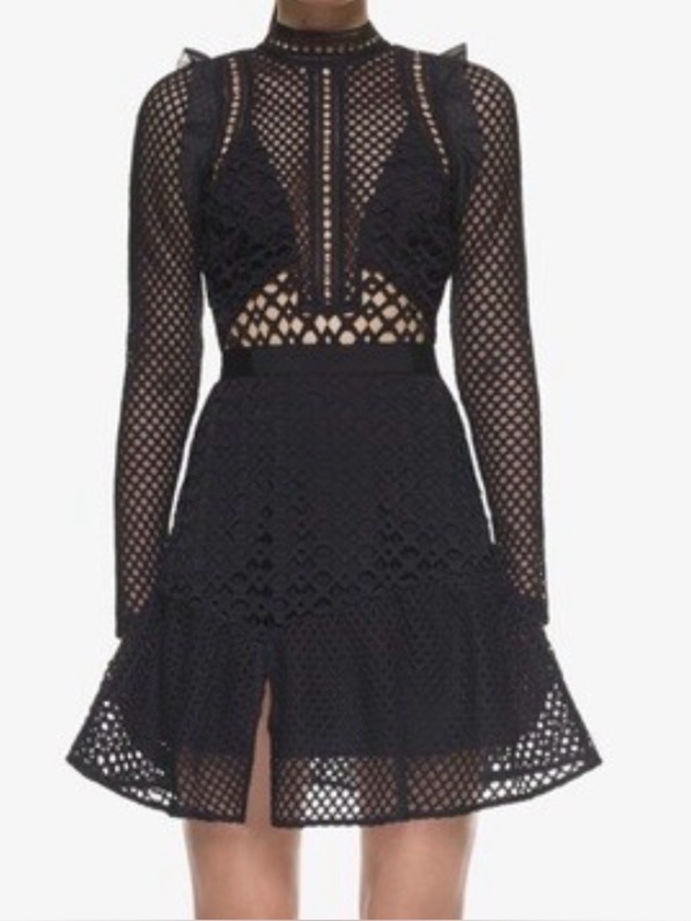 Self portrait hall mesh mini dress black sheer eyelet lace long sleeve high neck
